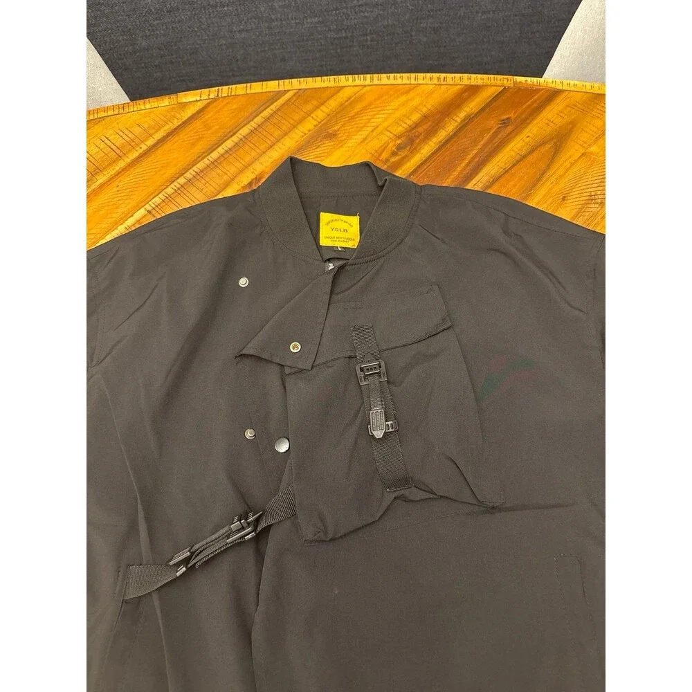 YSLB Men’s Black Multi Pocket Cargo Bomber Jacket Techwear Windbreaker L